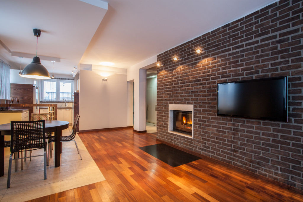 modern dining room with brick wall